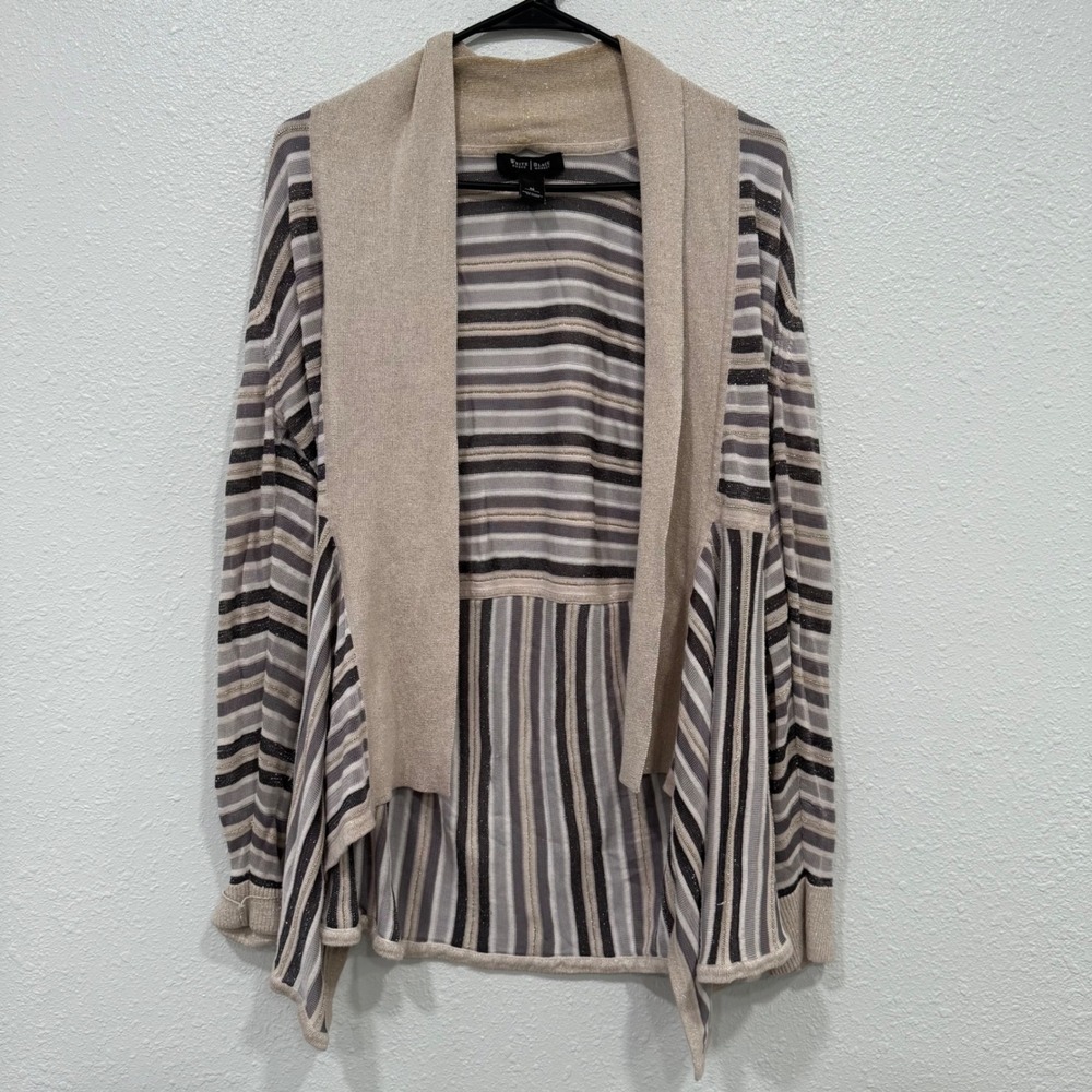 White House Black Market Striped Open Front Cardigan Sweater Beige Neutral M